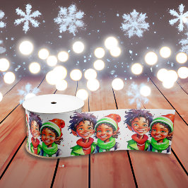 ヴィンテージの小さな男の子と少女のクリスマス サテンリボン