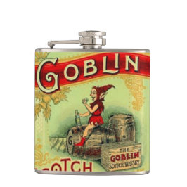 ヴィンテージの小悪魔の小妖精や小人の格言のウィスキーのラベルのスキットル フラスク