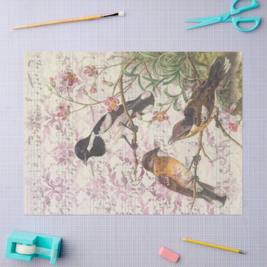 ヴィンテージの小鳥の枝と音楽の切り離し 薄葉紙 (クラフト)