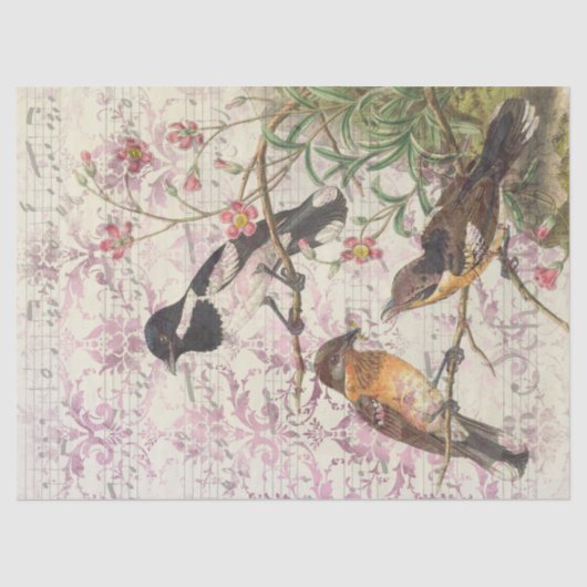 ヴィンテージの小鳥の枝と音楽の切り離し 薄葉紙 (正面)