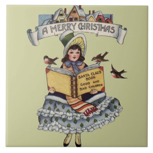 ヴィンテージの少女とクリスマスのサンタクロースの本 タイル (正面)