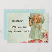 ヴィンテージの少女と子猫の花の少女の提案 招待状 (正面/裏面)