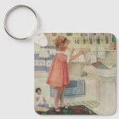 ヴィンテージの少女、洗濯物を干す子供 キーホルダー (正面)
