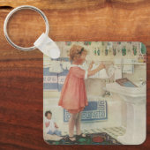 ヴィンテージの少女、洗濯物を干す子供 キーホルダー (正面)
