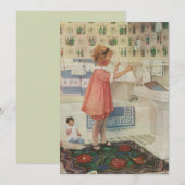 ヴィンテージの少女、洗濯物を干す子供 招待状 (正面/裏面)