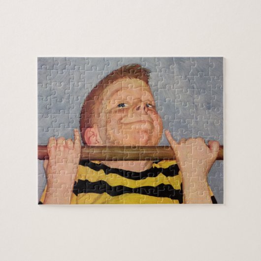 ヴィンテージの少年が懸垂をする、フィットネスとエクササイズ ジグソーパズル (横)