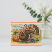 ヴィンテージの少年が旗を掲げて七面鳥に乗る ポストカード (スタンド正面)