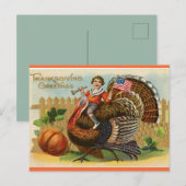 ヴィンテージの少年が旗を掲げて七面鳥に乗る ポストカード (正面/裏面)