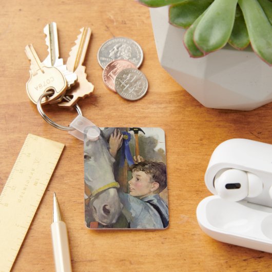 ヴィンテージの少年と彼の青いリボンの勝利の馬 キーホルダー (デスク)