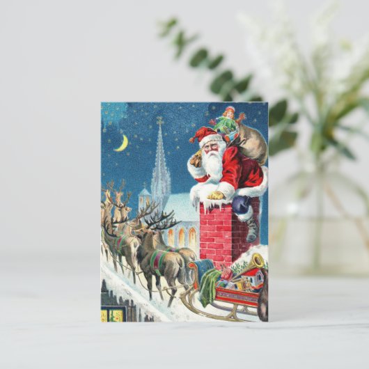 ヴィンテージの屋上サンタ及びそりのクリスマス シーズンポストカード (スタンド正面)