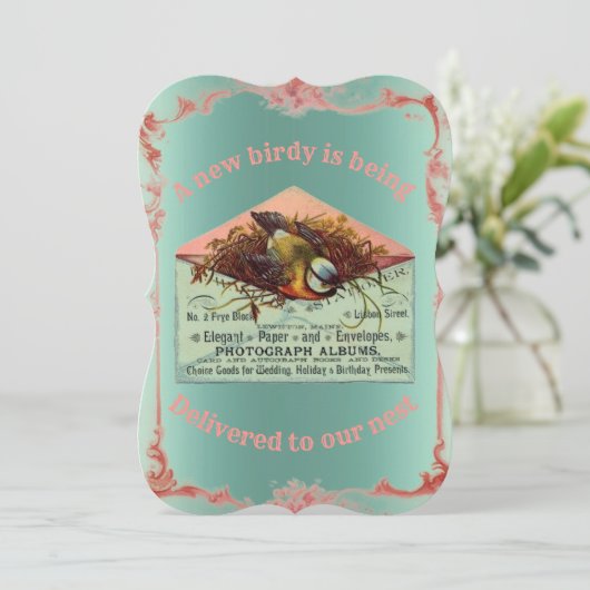 ヴィンテージの巣鳥の赤ちゃんシャワーの招待状 招待状 (スタンド正面)