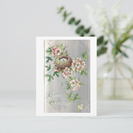 ヴィンテージの巣、花、復活祭の挨拶 シーズンポストカード (スタンド正面)