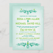 ヴィンテージの巻物と鳥 – エメラルドの結婚式の招待 招待状 (正面/裏面)