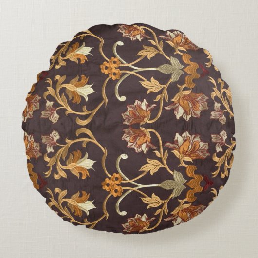 ヴィンテージの布地に刺繍の花を付け、背中に ラウンドクッション (正面)