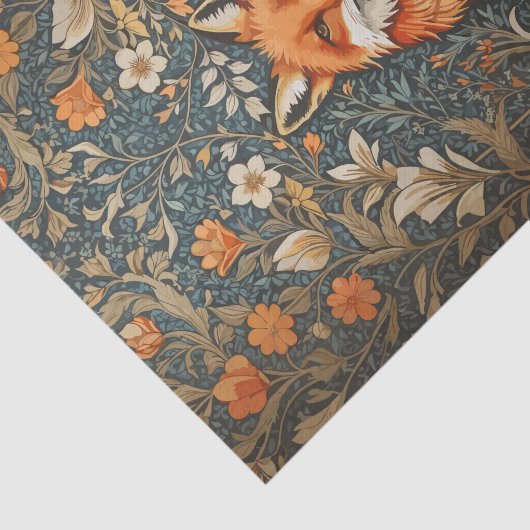 ヴィンテージの座る狐 ウィリアム・モリス風の花柄 薄葉紙 (詳細)