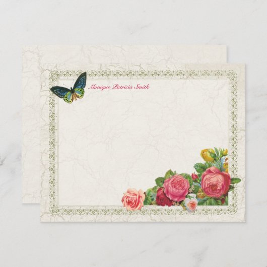 ヴィンテージの庭の花のパーソナライズで平らなメッセージカード ノートカード (正面/裏面)