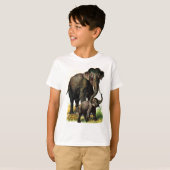 ヴィンテージの引くこと: 子牛を持つ母象 Tシャツ (正面フル)