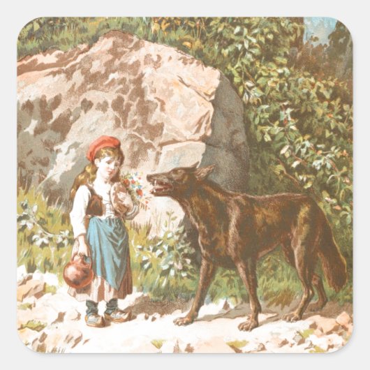 ヴィンテージの引くこと: 赤い乗馬フードおよびオオカミ スクエアシール (正面)