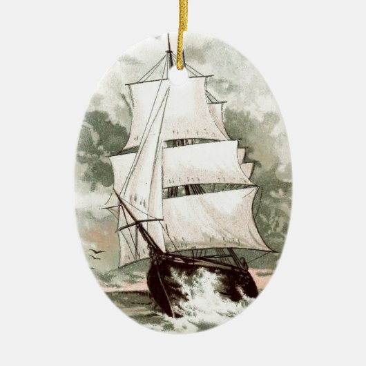 ヴィンテージの引くこと: 3マストを立てられていた船 セラミックオーナメント (正面)