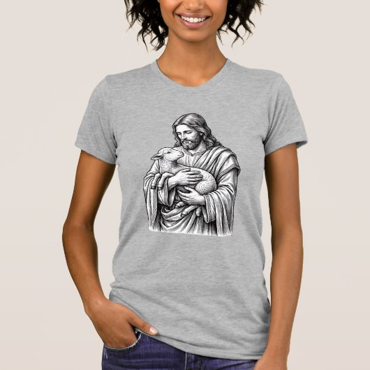 ヴィンテージの彫刻 羊を持つ羊飼い ベクター デザイン Tシャツ (正面)