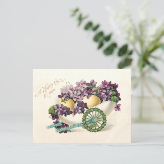 ヴィンテージの復活祭の卵カートとヴィオレット シーズンポストカード (スタンド正面)