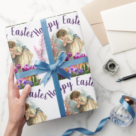 ヴィンテージの復活祭の女の子チューリップ花 ラッピングペーパー (ギフト)