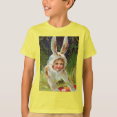 ヴィンテージの復活祭の女の子バニーの衣装の子供 Tシャツ (正面)