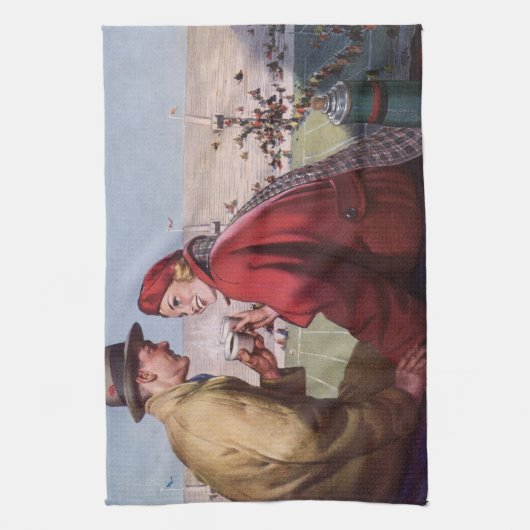 ヴィンテージの恋と恋、カップルでのサッカーの試合 キッチンタオル (縦)