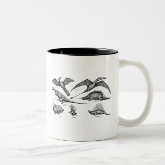 ヴィンテージの恐竜のイラストレーションのレトロの恐竜 ツートーンマグカップ (右)