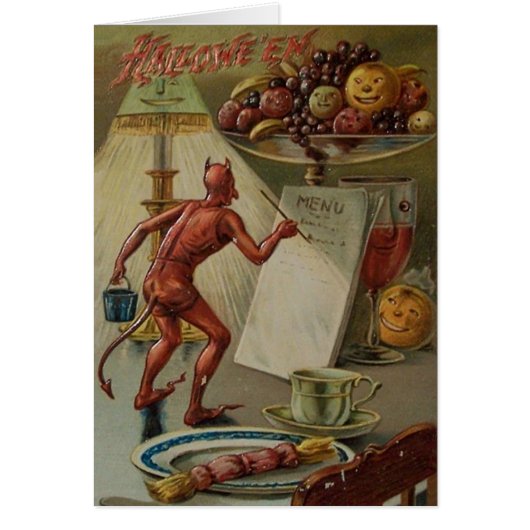 ヴィンテージの悪魔の夕食メニューハロウィンカード (正面)
