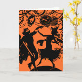 ヴィンテージの悪魔の魔法使いのダンスのシルエットのイラストレーション カード (黄色い花)