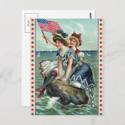 ヴィンテージの愛国心が強いビーチの女性の郵便はがき ポストカード (正面/裏面)