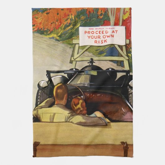 ヴィンテージの愛、道路の閉鎖あなたの自身のリスクで進行 キッチンタオル (縦)