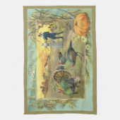 ヴィンテージの感謝祭　ターキーとピルグリム キッチンタオル (縦)