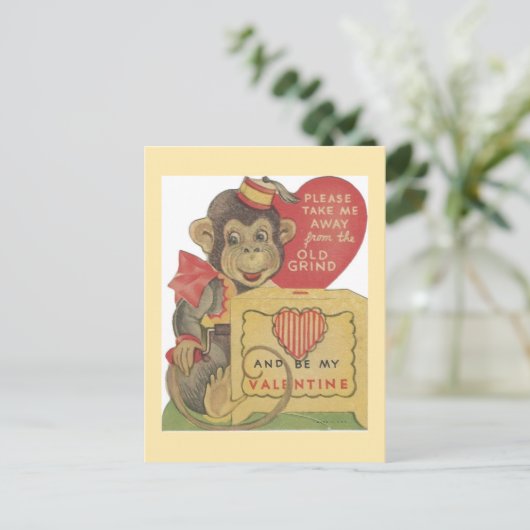 ヴィンテージの手回しオルガン奏者猿のバレンタイン シーズンポストカード (スタンド正面)