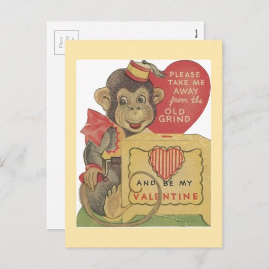 ヴィンテージの手回しオルガン奏者猿のバレンタイン シーズンポストカード (正面/裏面)