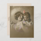 ヴィンテージの手彩色の母/娘ポートレート シーズンポストカード (正面/裏面)