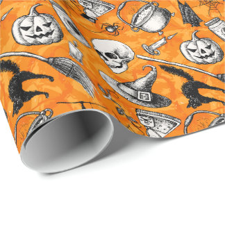 ヴィンテージの手描きのハロウィンパターン ラッピングペーパー