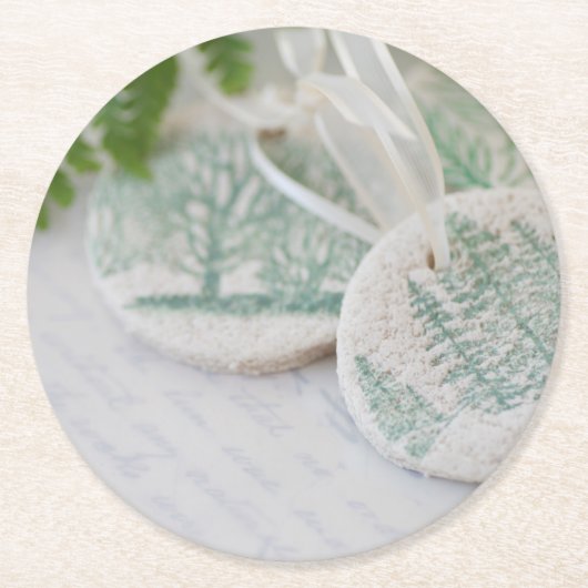 ヴィンテージの手紙の塩のこね粉の木のオーナメント ラウンドペーパーコースター (正面)