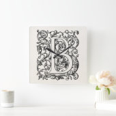 ヴィンテージの手紙Bのモノグラムの羊皮紙"B"のイニシャル スクエア壁時計 (ホーム)