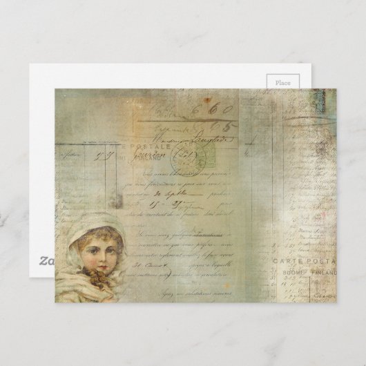 ヴィンテージの投稿と小さな女の子スクリプトのコラージュ ポストカード (正面/裏面)