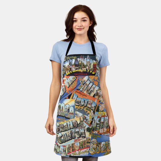 ヴィンテージの挨拶はがきのコラージュ エプロン (着用した状態)