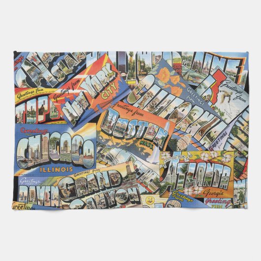 ヴィンテージの挨拶はがきのコラージュ キッチンタオル (横)