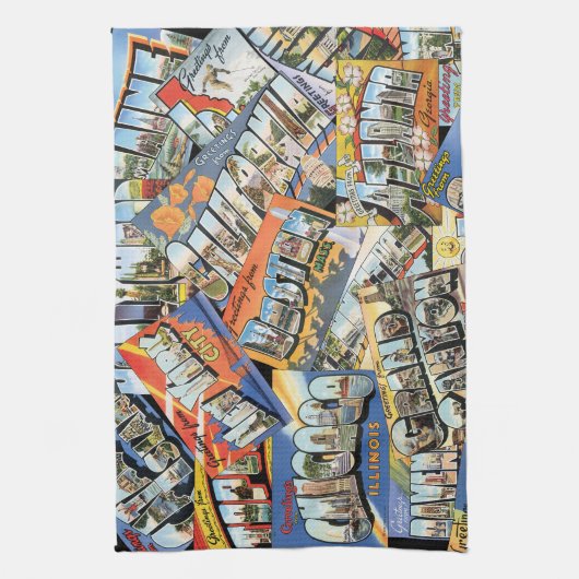 ヴィンテージの挨拶はがきのコラージュ キッチンタオル (縦)