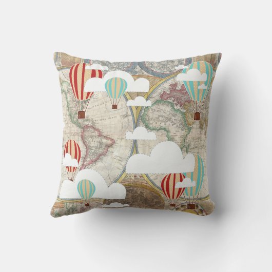 ヴィンテージの探検家の熱気は世界地図の名前を風船のようにふくらませます クッション (裏面)