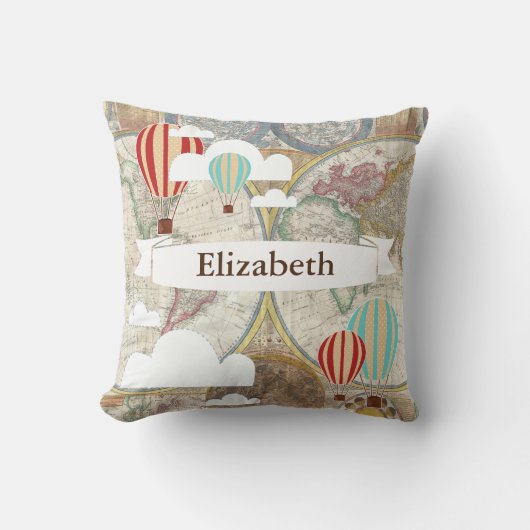 ヴィンテージの探検家の熱気は世界地図の名前を風船のようにふくらませます クッション (正面)