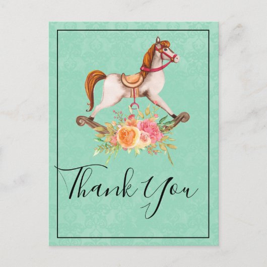 ヴィンテージの揺れる馬と花束の感謝カード ポストカード (正面)