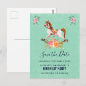 ヴィンテージの揺れる馬と花束のSave the Date ポストカード (正面/裏面)