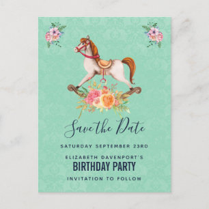 ヴィンテージの揺れる馬と花束のSave the Date ポストカード