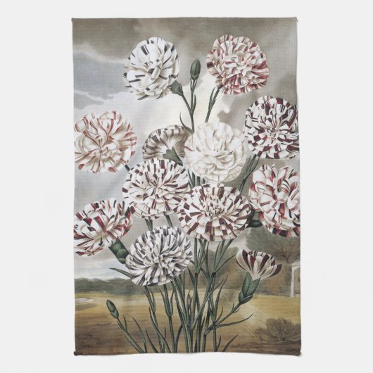 ヴィンテージの斑入りのカーネーションの花と灰色の空 キッチンタオル (縦)